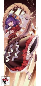1girl dice floral_print frills hair_between_eyes hecatia_lapislazuli highres ishikawa_sparerib long_sleeves medium_hair mirror purple_hair red_eyes red_shirt rope shide shimenawa shirt skirt smile solo touhou watermark yasaka_kanako