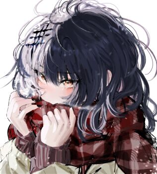 1girl absurdres black_hair black_nails blush covered_mouth hair_ornament hashtag-only_commentary highres hololive hololive_english looking_at_viewer multicolored_hair portrait scarf seeledayo shiori_novella simple_background solo split-color_hair two-tone_hair virtual_youtuber white_hair
