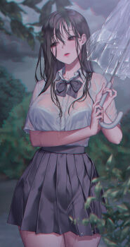 1girl absurdres black_bow black_bowtie black_eyes black_hair black_skirt blue_bra bow bowtie bra bra_visible_through_clothes breasts cloud collared_shirt commentary_request dark_cloud dark_sky hair_between_eyes highres holding holding_umbrella lace lace-trimmed_bra lace_trim large_breasts legs_together lips long_hair love_cacao original outdoors parted_lips plant pleated_skirt rain see-through_clothes see-through_shirt see-through_sleeves shirt shirt_tucked_in short_sleeves skirt solo transparent transparent_umbrella umbrella underwear wet wet_clothes wet_hair wet_shirt wing_collar