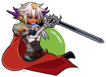 1boy 2000s_(style) 2008 animal animal_on_head armor baby_animal belt bird bird_on_head black_tabard blue_eyes breastplate brown_belt cape chainmail character_name chick commentary_request cross cross_of_prontera feathered_wings grey_hair holding holding_sword holding_weapon lord_knight_(ragnarok_online) male_focus on_head pauldrons purple_wings ragnarok_online red_cape ryuu_(5lden_age) scabbard sheath short_hair shoulder_armor simple_background solo spiked_gauntlets sword tabard upper_body v-shaped_eyebrows weapon white_background wings