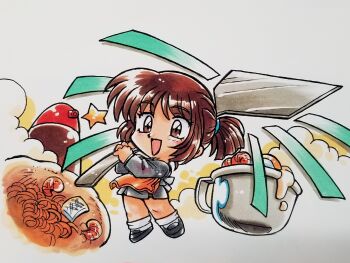 Rule 34 | 1girl, apron, black shirt, black shoes, black skirt, brown eyes, brown hair, chibi, chibi only, cooking pot, food, food request, highres, holding, holding spatula, kokomahi, loafers, looking at food, morii kaho, official art, open mouth, orange apron, oversized object, pleated skirt, ponytail, school uniform, sentimental graffiti, shirt, shoes, short hair, short ponytail, skirt, smile, socks, solo, spatula, standing, star (symbol), steam, traditional media, white socks