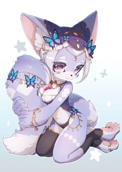 1girl absurdres animal_ear_fluff animal_nose barefoot black_thighhighs body_fur bracelet breasts butterfly_hair_ornament circlet cleavage closed_mouth collared_jacket colored_eyelashes full_body furry furry_female hair_ornament highres holding_own_tail ikpde jacket jewelry large_breasts looking_at_viewer midriff multicolored_eyes navel original parted_bangs pawpads purple_eyes purple_fur purple_jacket short_hair single_thighhigh sleeveless sleeveless_jacket solo tail tail_ornament thighhighs toe_ring two-tone_eyes two-tone_fur white_fur white_hair yellow_eyes