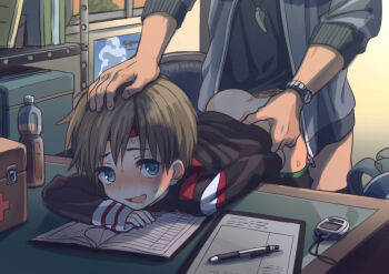 2boys age_difference anal bad_id bad_pixiv_id bent_over blue_eyes blush bottle brown_hair censored clothes_pull coach desk doggystyle hand_on_another's_head happy_sex headband indoors looking_at_viewer male_focus male_penetrated mosaic_censoring multiple_boys onii-shota open_mouth original pants pants_pull penis pillow_(nutsfool) saliva sex sex_from_behind short_hair shota smile sweat teacher teacher_and_student whistle yaoi