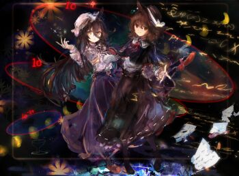 Rule 34 | 2girls, animal ears, belt, black belt, black boots, black capelet, black hat, black ribbon, black socks, blush, boots, bow, brown hair, capelet, character request, closed mouth, collared shirt, commentary request, copyright request, cosplay, crescent, flower symbol, hat, hat bow, highres, leaf, leg up, long hair, long sleeves, magical astronomy, maribel hearn, maribel hearn (cosplay), medium hair, mob cap, multiple girls, neck ribbon, paper, parody, purple skirt, red eyes, red shoes, ribbon, ribbon-trimmed capelet, ribbon-trimmed skirt, ribbon trim, shirt, shirt tucked in, shoes, skirt, smile, socks, touhou, usami renko, usami renko (cosplay), uwazumi, white bow, white hat, white shirt, yellow eyes