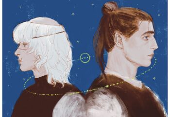 Rule 34 | 2boys, back-to-back, badeni, black tabard, blue background, blue eyes, chi.: chikyuu no undou ni tsuite, commentary request, eyepatch, hair bun, highres, k05062688, lips, male focus, medium hair, multiple boys, nose, oczy, scar, scar on face, scar on lip, scar on mouth, scar on nose, short hair, simple background, tabard, tonsure