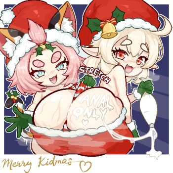 2girls :3 ahoge animal_ears aqua_eyes ass blonde_hair blush body_writing butt_crack calamity33 cat_ears cat_girl cat_tail christmas clothes_pull cream cream_on_body diona_(genshin_impact) fang genshin_impact gloves hat huge_ass klee_(genshin_impact) loli looking_at_viewer medium_hair mihoyo mistletoe mistletoe_hair_ornament multiple_girls nude orange_eyes pink_hair pointy_ears santa_hat skirt skirt_pull smile tail wedgie