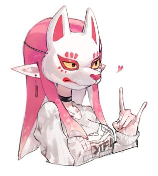 1girl \m/ black_choker breasts choker collarbone commentary_request earrings facing_ahead fox_mask heart inkling inkling_girl inkling_player_character jewelry long_hair mask nintendo pink_hair pointy_ears print_shirt shirt simple_background solo splatoon_(series) splatoon_3 tassel tassel_earrings tentacle_hair togetoge upper_body white_background white_shirt