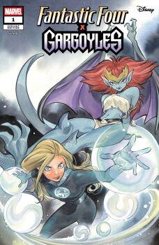 2girls absurdres armlet bat_wings blonde_hair blue_bodysuit blue_eyes blue_gloves blue_skin blue_tail bodysuit bubble colored_skin comic_cover company_name copyright_logo copyright_name crop_top crossover demona fantastic_four gargoyles gloves gold_tiara highres jewelry knee_spikes logo long_hair marvel monster_girl multiple_girls navel official_art peach_momoko pointy_ears red_hair shirt short_hair sitting sue_storm superhero_costume white_loincloth white_shirt wings