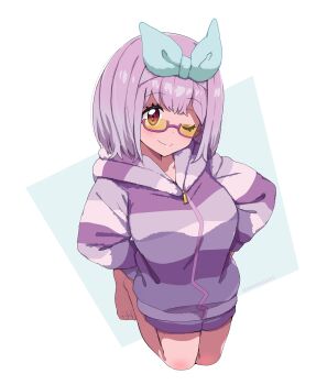 Rule 34 | 1girl, ;), aqua bow, barefoot, bow, breasts, commentary, gridman universe, hair bow, hands on own hips, hood, hood down, hooded jacket, jacket, large breasts, light blush, long sleeves, looking at viewer, medium hair, nashirasauce, one eye closed, pink-framed eyewear, purple hair, purple jacket, purple shorts, red eyes, semi-rimless eyewear, shinjou akane, shorts, smile, solo, ssss.gridman, tinted eyewear, white background, yellow-tinted eyewear