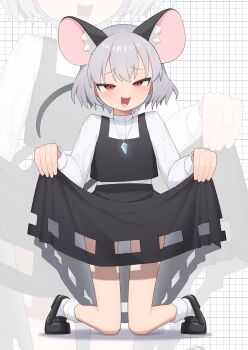 1girl absurdres animal_ears asakura_haru black_shoes clothes_lift commentary_request grey_hair highres jewelry lifting_own_clothes long_sleeves mouse_ears mouse_girl mouse_tail nazrin open_mouth paid_reward_available pendant red_eyes shirt shoes short_hair skirt skirt_lift socks solo tail touhou vest white_shirt white_socks