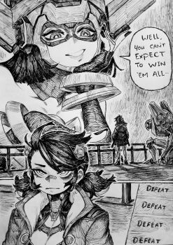 2girls absurdres bandaid bandaid_on_face bandaid_on_nose blade_runner_(series) blade_runner_2049 bodysuit bracelet chronozbergh english_text fingerless_gloves galacta giant giantess gloves goslingposting_(meme) greyscale hand_on_own_cheek hand_on_own_face helmet highres jacket jewelry looking_at_another low_twintails marvel marvel_rivals mecha mecha_pilot_suit meme monochrome multiple_girls open_clothes open_jacket peni_parker pointing pointing_at_another railing robot size_difference speech_bubble swept_bangs traditional_media twintails you_look_lonely_(meme)