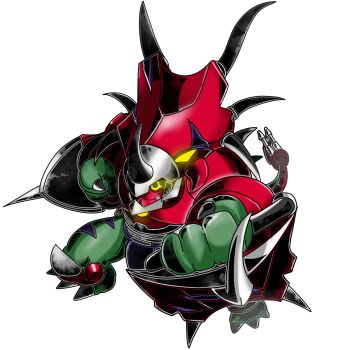 armor black_eyes colored_sclera colored_skin dan_de_lion digimon digimon_(creature) green_skin horns simple_background styracomon white_background yellow_sclera