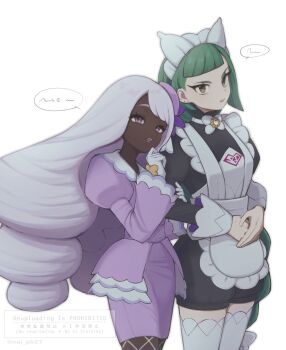 2girls apron black_romper blunt_bangs bow bowtie braid braided_ponytail brown_eyes dark-skinned_female dark_skin dress fascinator fishnet_pantyhose fishnets frills glove_bow gloves green_hair hair_ornament highres jacinthe_(pokemon) juliet_sleeves lebanne_(pokemon) long_braid long_hair long_sleeves low_drills maid maid_apron maid_headdress master_and_servant mega_stone multiple_girls nintendo noi_(noi_pk27) open_mouth pantyhose parted_lips pokemon pokemon_legends:_z-a puffy_sleeves purple_dress purple_eyes purple_hair romper simple_background smile speech_bubble thighhighs tsurime very_dark_skin white_background white_bow white_bowtie white_gloves white_thighhighs