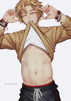 1boy alternate_costume black_pants blonde_hair boku_no_hero_academia bracelet clothes_lift cowboy_shot earrings hashtag-only_commentary hawks_(boku_no_hero_academia) highres jewelry lifting_own_clothes long_sleeves looking_at_viewer male_focus male_underwear male_underwear_peek midriff mouth_hold navel navel_hair no_wings pants ring saika076 shirt_lift short_hair solo teeth teeth_hold thumb_ring underwear