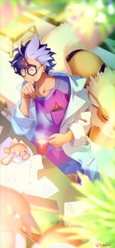 Rule 34 | 1boy, absurdres, arcanine, black-framed eyewear, blurry, closed mouth, coat, commentary request, cup, fletchinder, gen 1 pokemon, gen 6 pokemon, glasses, green eyes, highres, holding, holding cup, jacq (pokemon), looking up, male focus, mug, nintendo, open clothes, open coat, paper, pokemon, pokemon (creature), pokemon sv, purple hair, purple shirt, shirt, short hair, smile, steam, striped clothes, striped shirt, table, tatsugiri, tumajian