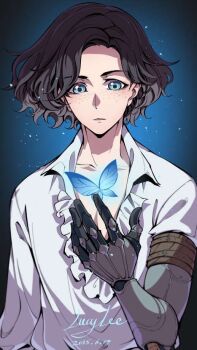 1boy artist_name black_hair blue_background blue_butterfly blue_eyes bug butterfly commentary dated english_commentary freckles insect lies_of_p lucylee158 male_focus mechanical_arms pinocchio_(lies_of_p) prosthesis prosthetic_arm shirt short_hair single_mechanical_arm solo white_shirt