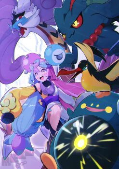 1girl abe_(kumayu) bellibolt blue_hair blush bow-shaped_hair breasts character_hair_ornament commentary_request detached_sleeves dress flutter_mane gluteal_fold hair_ornament highres iono_(pokemon) iono_(sygna_suit)_(pokemon) japanese_clothes kilowattrel kimono long_hair long_sleeves looking_at_viewer multicolored_hair nintendo official_alternate_costume open_mouth pink_hair pokemon pokemon_(creature) pokemon_masters_ex purple_eyes raging_bolt sharp_teeth shorts_under_dress sidelocks sleeveless sleeveless_kimono sleeves_past_fingers sleeves_past_wrists smile split-color_hair teeth two-tone_hair