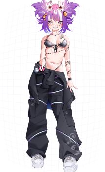 1girl absurdres arm_tattoo bikini black_jacket black_pants breasts clothes_around_waist eye_tattoo grey_eyes hair_ornament hairpin heart heart_tattoo highleg highleg_bikini highres jacket jacket_around_waist jared_(michi_mochievee) looking_at_viewer mats_kuro medium_breasts michi_mochievee michi_mochievee_(summer) multicolored_hair pants patchwork_skin purple_hair shoes smile solo streaked_hair swimsuit tattoo tied_jacket virtual_youtuber vshojo white_background white_hair white_shoes