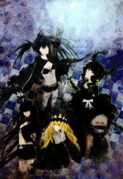 bikini black_coat black_gold_saw black_hair black_rock_shooter black_rock_shooter_(character) black_shorts blonde_hair chariot_(black_rock_shooter) coat dark-skinned_female dark_skin dead_master flame_print freer front-tie_bikini_top front-tie_top green_eyes hood hoodie horns long_hair medium_hair multiple_girls open_clothes open_coat orange_eyes pale_skin red_eyes shorts strength_(black_rock_shooter) swimsuit twintails uneven_twintails white_hair