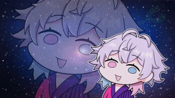 1boy blue_eyes blue_hair chibi chibi_only coat commentary english_commentary galaxy_background gavis_bettel gavis_bettel_(1st_costume) grey_hair hair_between_eyes heterochromia highres holostars holostars_english looking_at_viewer lumy_bell male_focus medium_hair meme multicolored_coat multicolored_hair open_mouth outline pink_eyes pink_hair smile solo space_cat_(meme) star_(sky) starry_sky_background striped_coat upper_body vertical-striped_coat virtual_youtuber white_outline wide-eyed