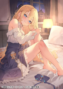 1girl armpit_crease bare_legs barefoot blonde_hair blue_dress blue_eyes bow bowtie character_request closed_mouth commentary_request copyright_notice copyright_request crossed_bangs dress eyelashes feet foot_out_of_frame frills hair_between_eyes hand_on_own_knee highres indoors knees_up lace_trim lamp legs long_hair looking_at_viewer mizuiro_raika off-shoulder_dress off_shoulder on_bed pillow sitting solo thighs toenails toes unworn_bowtie very_long_hair white_dress