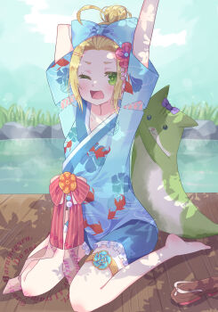 Rule 34 | 1girl, absurdres, ahoge, animal print, arm behind head, arm up, arms up, barefoot, blonde hair, blue bow, blue kimono, blue shorts, blush, bow, butterfly print, day, fish print, floral print, flower, frilled kimono, frilled shorts, frills, green eyes, hair bow, hair bun, hair ornament, hairclip, haru meguru, heaven burns red, highres, japanese clothes, kimono, looking at viewer, one eye closed, ooshima yotsuha, open mouth, outdoors, parted bangs, pond, print kimono, purple bow, robe, sandals, short shorts, short sleeves, shorts, single hair bun, sitting, solo, stretching, stuffed animal, stuffed toy, thigh strap, unworn sandals, wariza, water, wooden floor, yawning