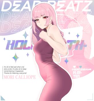 1girl absurdres alternate_costume ass breasts character_name clenched_hand closed_mouth dress english_text gen.fleur highres hololive hololive_english long_hair mori_calliope pink_dress pink_eyes pink_hair pout small_breasts solo virtual_youtuber