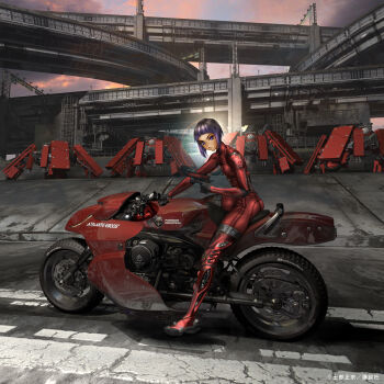 absurdres ass blue_eyes blue_hair bodysuit bridge elevated_highway full_body ghost_in_the_shell ghost_in_the_shell_arise gun handgun highres highway holding holding_gun holding_weapon kusanagi_motoko ladder looking_at_viewer medium_hair motor_vehicle motorcycle non-humanoid_robot on_motorcycle overpass railing red_bodysuit road road_sign robot shirou_masamune sign sitting weapon