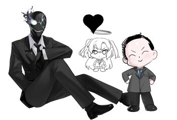 Rule 34 | 1girl, 2boys, black necktie, black pants, black shoes, black skin, black suit, black suit (blue archive), blue archive, blue necktie, business suit, colored skin, cracked skin, dokomon, formal clothes, glowing, glowing eye, halo, heart, highres, long hair, multiple boys, necktie, pants, sensei (blue archive), shoes, suit, two side up, very long hair, yuuka (blue archive)