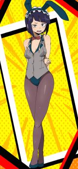 1girl :o absurdres alternate_costume animal_ear_hairband animal_ears arms_behind_back audio_jack bambi2000line bare_shoulders black_eyes blush boku_no_hero_academia bow bowtie breasts commentary_request detached_collar fake_animal_ears grey_vest hairband half-closed_eye highres jiro_kyoka leotard long_earlobes looking_at_viewer pantyhose playboy_bunny purple_hair rabbit_ear_hairband rabbit_ears red_bow red_bowtie short_hair solo standing sweat teeth vest