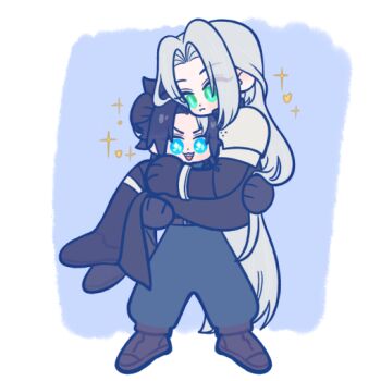 Rule 34 | 105zz, 2boys, black boots, black coat, black gloves, black hair, blue background, blue eyes, blue pants, boots, border, brown boots, carrying, coat, commentary request, crisis core: final fantasy vii, final fantasy, final fantasy vii, full body, gloves, green eyes, grey hair, long coat, long hair, male focus, multiple boys, open mouth, pants, parted bangs, princess carry, short hair, slit pupils, smile, sparkle, white border