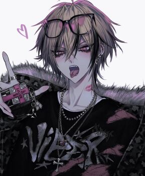 1boy absurdres blonde_hair chain chain_necklace commentary cross cross_necklace ear_piercing eyelashes eyewear_on_head fur-trimmed_jacket fur_trim glasses hair_between_eyes hand_up heart highres inverted_cross jacket jewelry lipstick_mark lipstick_mark_on_neck long_eyelashes long_sleeves looking_at_viewer multicolored_hair necklace open_clothes open_jacket open_mouth original piercing pink_eyes print_shirt punk ring sakuya_(redevil) shirt short_hair simple_background solo streaked_hair symbol-only_commentary tattoo teeth tongue_tattoo upper_body white_background