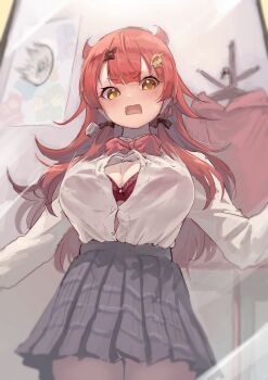 1girl black_bow bow bowtie bra breasts commentary_request dragon_musume_ni_naritakunai! duel_masters from_below grey_skirt hair_bow hair_ornament highres large_breasts long_hair looking_at_mirror maguma_mega mirror open_mouth partially_unbuttoned red_bow red_bowtie red_bra red_hair shirt skirt solo underwear urakami_0716 white_shirt yellow_eyes