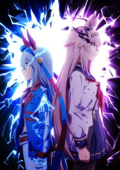 Rule 34 | 2girls, animal ears, back-to-back, blue eyes, blue jacket, blue sailor collar, blue skirt, electricity, fingerless gloves, from side, gloves, grey hair, hair between eyes, hairband, headband, highres, horse ears, horse girl, horse tail, jacket, key visual, long hair, long sleeves, miniskirt, multiple girls, neckerchief, official art, oguri cap (starlight beat) (umamusume), oguri cap (umamusume), pants, pantyhose, pleated skirt, promotional art, red headband, red neckerchief, sailor collar, skirt, smoke, tail, tamamo cross (umamusume), tamamo cross (with lightning speed) (umamusume), umamusume, umamusume: cinderella gray, white gloves, white pants