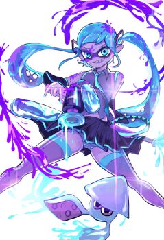 1girl cosplay hatsune_miku hatsune_miku_(cosplay) highres inkling inkling_girl inkling_player_character kujaku_(w9289) long_hair looking_at_viewer nintendo panties parody pointy_ears shirt simple_background smile solo splatoon_(series) squid tentacle_hair underwear very_long_hair vocaloid weapon white_background