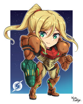 Rule 34 | 1girl, arm cannon, armor, artist name, blonde hair, chibi, commentary request, green eyes, hair between eyes, high ponytail, highres, long hair, looking at viewer, metroid, multicolored armor, nintendo, ponytail, power armor, power suit (metroid), samus aran, signature, wakaba (wata ridley), weapon