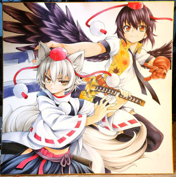 Rule 34 | 2girls, absurdres, animal ears, bird wings, black hair, commentary request, feathered wings, gloves, hat, hat ribbon, highres, inubashiri momiji, katana, long sleeves, looking at viewer, marker (medium), midriff, millipen (medium), multiple girls, necktie, orange eyes, pen (medium), photo (medium), pom pom (clothes), puffy short sleeves, puffy sleeves, ribbon, ribbon-trimmed sleeves, ribbon trim, shameimaru aya, shikishi, shirt, short sleeves, single glove, skirt, smile, spot color, sword, tail, thighhighs, thighs, tokin hat, touhou, traditional media, uousa-ou, weapon, wide sleeves, wings, wolf ears, wolf tail, yellow eyes, zettai ryouiki