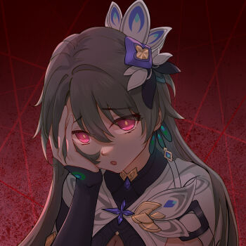 1girl absurdres alternate_eyewear bird_hair_ornament bow gloves gradient_bow hair_ornament half_gloves hand_on_own_crotch highres honkai_(series) honkai_impact_3rd huahong_(user_asrp7337) looking_at_viewer peacock_feathers red_eyes single_half_glove single_sleeve villain_pose vita_(honkai_impact) vita_(lone_planetfarer)_(honkai_impact) waist_cutout yellow_pupils