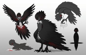Rule 34 | 1girl, 1other, animal, bird legs, bird tail, black feathers, black hair, black skin, black wings, blood, breasts, colored skin, commentary, feather hair, feathers, grey background, hair over one eye, harpy, highres, krocodilian, monster girl, multicolored hair, multiple views, navel, nipples, nude, original, rabbit, red eyes, red hair, short hair, small breasts, standing on another's shoulders, tail, talons, two-tone hair, wings