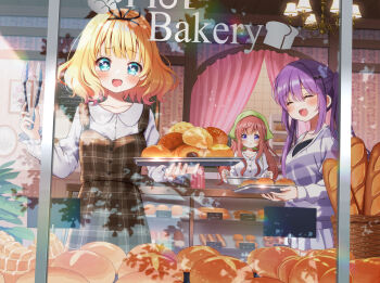 3girls baguette bakery black_bow blonde_hair blush bow bread brown_dress brown_hair child chocolate_cornet cinnamon_roll closed_eyes commentary_request cowboy_shot curtains diagonal-striped_clothes diagonal-striped_shirt display_case dress english_text flower-shaped_pupils food from_outside gochuumon_wa_usagi_desu_ka? green_eyes green_scarf hair_bow headscarf holding holding_tongs holding_tray hoto_mocha indoors kirima_syaro long_hair long_sleeves looking_at_another looking_outside melon_bread mozukun43 multiple_girls painting_(object) pinafore_dress plaid_clothes plaid_dress purple_eyes purple_hair purple_shirt scarf shirt shop sleeveless sleeveless_dress smile striped_shirt symbol-shaped_pupils tedeza_rize tongs tray twintails white_shirt wicker_basket