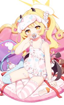 1girl asymmetrical_legwear bandaged_leg bandages bare_shoulders blonde_hair blue_archive blush breasts demon_girl demon_tail demon_wings hair_ornament hair_scrunchie halo highres ibuki_(blue_archive) jojifuku loli looking_at_viewer nightgown pacifier panties pointy_ears polka_dot polka_dot_legwear print_nightgown print_panties scrunchie setmen side_ponytail sitting sleep_mask small_breasts solo tail thighhighs underwear wings yellow_eyes yellow_halo