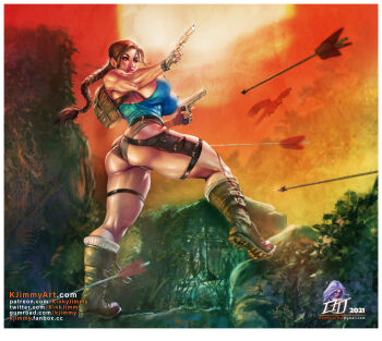 1girl alternate_breast_size artist_request ass braid braided_ponytail breasts brown_hair curvy dated full_body gun handgun holding holding_gun holding_weapon huge_ass huge_breasts jungle lara_croft lips long_hair looking_to_the_side messy_hair micro_shorts nature parted_lips shiny_skin shirt short_shorts shorts sideboob simple_background skindentation sky standing sweat thighs tomb_raider very_long_hair weapon wide_hips