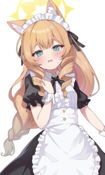 1girl alternate_costume animal_ear_fluff animal_ears apron black_ribbon black_skirt blue_archive blue_eyes blush braid cat_ears center_frills cowboy_shot enmaided frilled_shirt frills highres long_hair looking_at_viewer maid maid_headdress mari_(blue_archive) neck_ribbon open_mouth orange_hair puffy_short_sleeves puffy_sleeves ribbon ringlets shinori_(efvbji6264) shirt short_sleeves single_braid skirt solo very_long_hair waist_apron white_apron white_shirt