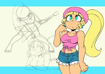 Rule 34 | 1girl, ass, beret, blonde hair, breasts, butt crack, covering breasts, covering privates, crossed arms, curvy, denim, denim shorts, dixie kong, donkey kong (series), feet, green eyes, guitar, hat, highres, humanization, instrument, large breasts, legs, long hair, looking at viewer, looking up, lying, midriff, multiple views, navel, nintendo, on stomach, ponytail, seductive smile, shirt, shorts, sketch, sleeveless, smile, teasing, the pose, thighs, tied shirt, topless female