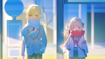 Rule 34 | 051 ogoli, 1boy, 1girl, absurdres, bag, blazer, blonde hair, blue scarf, blurry, blurry background, brown hair, closed eyes, commentary request, depth of field, facing viewer, green eyes, hair ribbon, hands in pockets, highres, jacket, long hair, looking at viewer, makaino ririmu, makaino ririmu (4th costume), multicolored hair, neckerchief, nijisanji, outdoors, pink jacket, red neckerchief, red scarf, ribbon, scarf, short hair, shoulder bag, smile, streaked hair, two side up, uzuki kou, uzuki kou (3rd costume), virtual youtuber