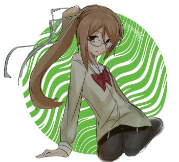 1girl bespectacled bow brown_cardigan brown_eyes brown_hair cardigan chaos;child efunohitof4 glasses hair_ribbon hekiho_academy_school_uniform kneeling long_hair long_sleeves looking_at_viewer pantyhose ponytail ribbon school_uniform science_adventure simple_background smile solo white_background yamazoe_uki