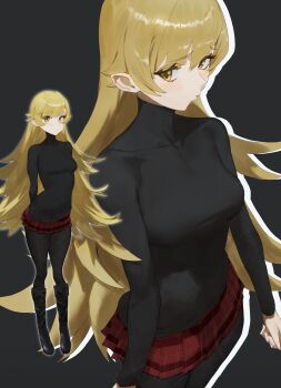 1girl absurdres arms_behind_back black_background black_pantyhose black_sweater blonde_hair blush breasts highres long_hair looking_to_the_side miniskirt monogatari_(series) oshino_shinobu pantyhose plaid_clothes plaid_skirt pointy_ears red_skirt simple_background skirt small_breasts standing sweater tabulagami turtleneck turtleneck_sweater very_long_hair yellow_eyes