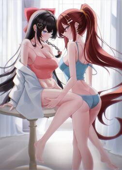 2girls absurdres akane_lize ass barefoot black_hair blue_camisole blue_eyes blue_panties bow braid breasts butt_crack camisole cleavage closed_eyes closed_mouth collarbone commentary_request crop_top cross cross_earrings earrings feet hair_bow hair_ornament hairclip hand_on_another&#039;s_thigh heart heart_hair_ornament highres indoors jewelry korean_commentary large_breasts long_hair long_sleeves looking_at_another looking_at_viewer looking_to_the_side median_furrow midriff mole mole_on_ass mole_on_breast mole_under_eye multicolored_hair multiple_girls navel no_bra no_pants on_table orange_camisole orange_panties panties ponytail red_bow red_hair shirayuki_hina shirt shirt_partially_removed side_braid sidelocks sideways_glance sitting smile spaghetti_strap stellive straight_hair streaked_hair table underwear user_azgn5327 very_long_hair virtual_youtuber white_shirt yuri