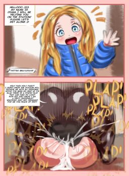 1boy 1girl 2026 ass bad_tag baya blonde_hair blue_coat blush coat comic cum cumdrip dark-skinned_male dark_skin deep_penetration diana_(pragmata) english_text fat fat_male female huge_ass instant_loss kyojiri_loli loli long_hair male mating_press pragmata sex smile testicles