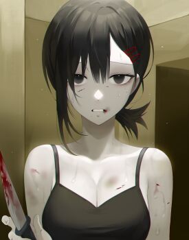 1girl absurdres arm_at_side asymmetrical_bangs bare_shoulders black_camisole black_eyes black_hair blood blood_from_mouth bloody_knife breasts bruise bruise_on_chest camisole chainsaw_man chromatic_aberration cleavage clenched_teeth collarbone commentary_request fingernails hair_between_eyes hair_ornament hairclip hand_up higashiyama_kobeni highres holding holding_knife indoors injury k_hottok knife light_particles looking_at_viewer low_ponytail medium_breasts no_pupils open_door ponytail raised_inner_eyebrows short_hair single_sidelock solo straight-on sweat teeth upper_body